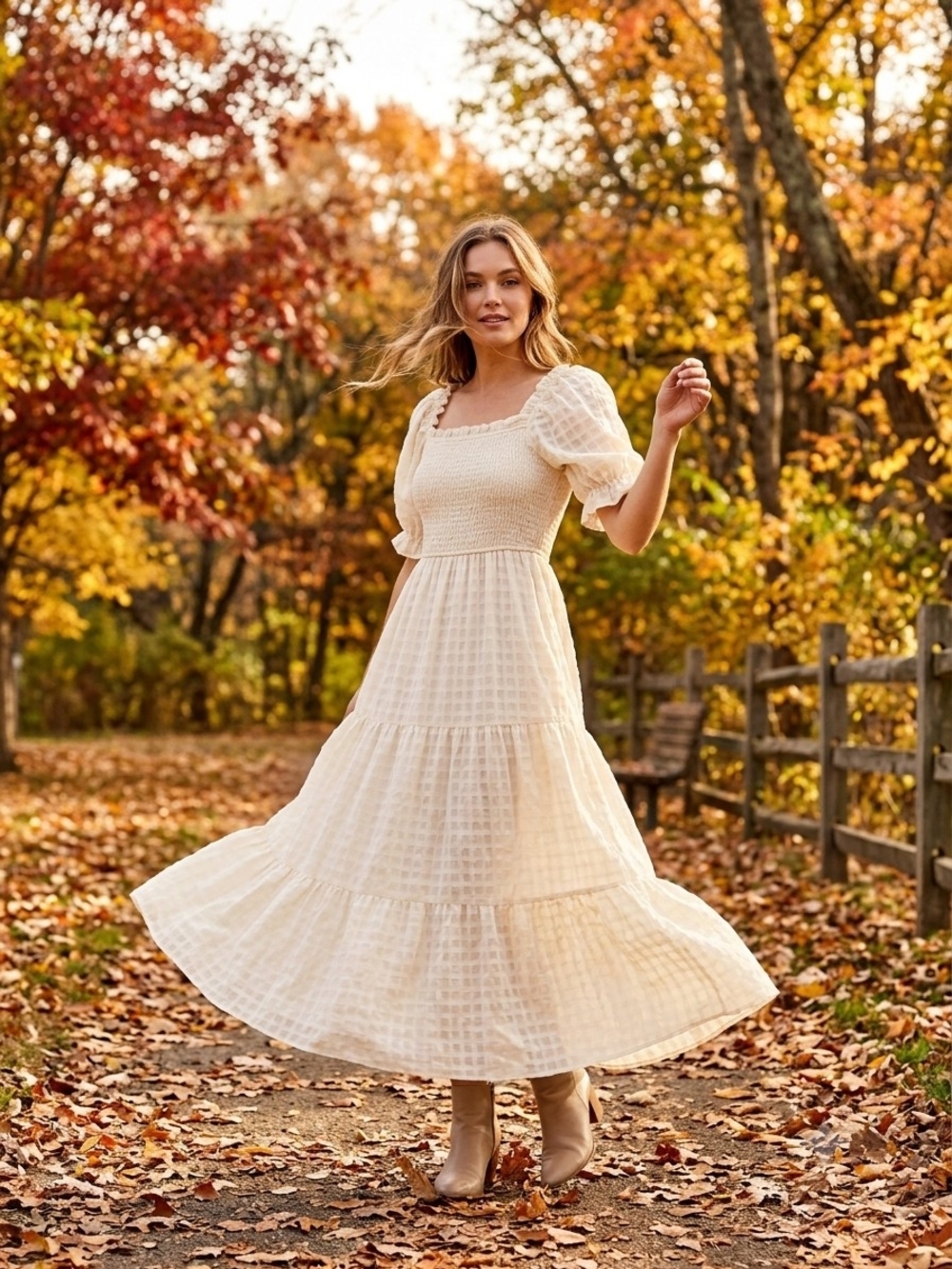 Moon River Cream Smocked Square-Neck Maxi Dress